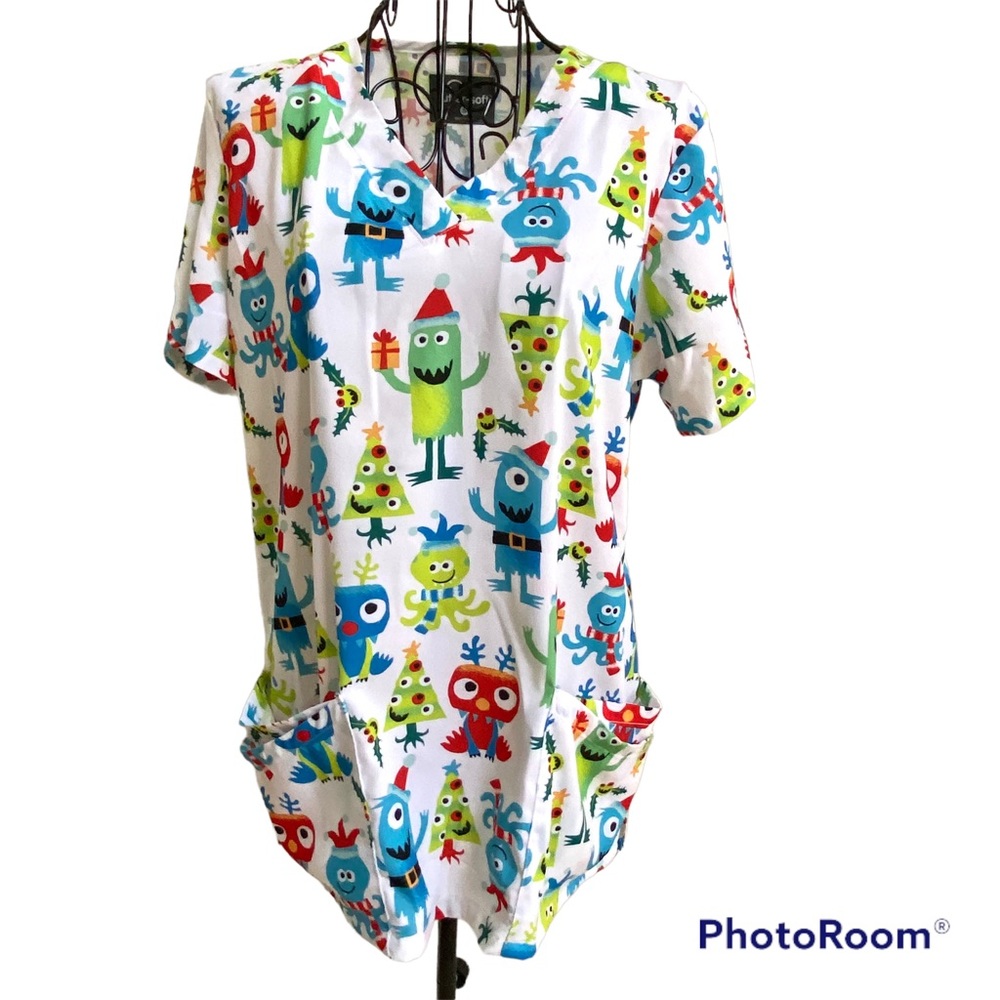 Monster Christmas Themed Butter-Soft Short Sleeve Pocket in a Pocket Scrub Top